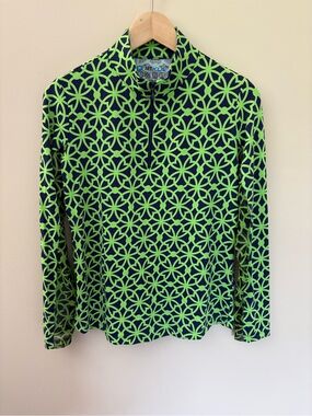 Ibkul Long Sleeve 1/4 Zip Mock Neck Green Navy Geometric Print Pullover Size M